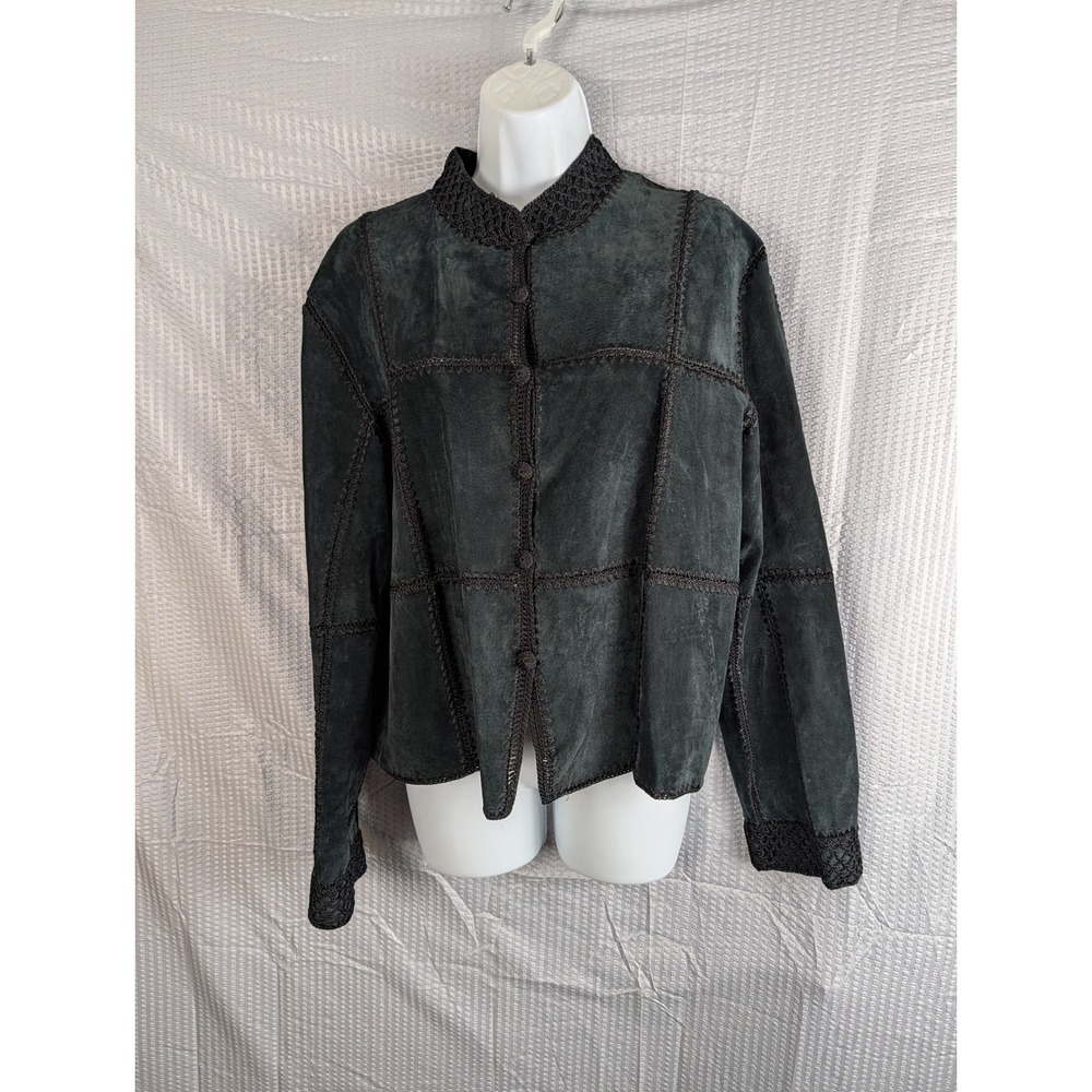 SMH‎ Boutique Patchwork Suede Jacket Crochet Trim Gray Green Womens Large L